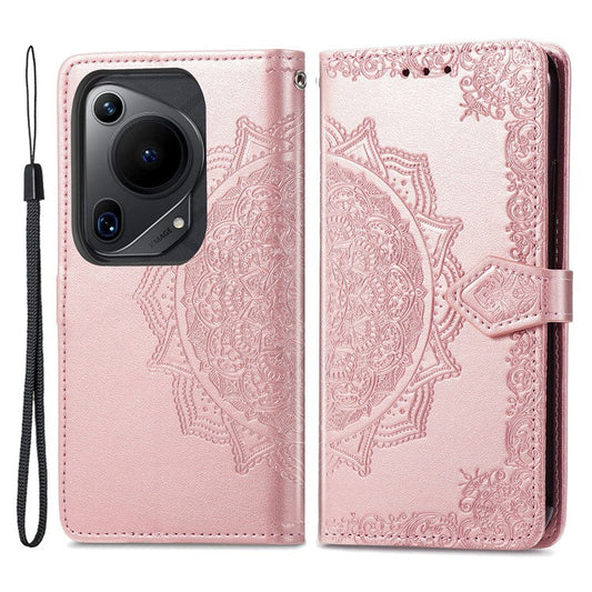 For Huawei Pura 70 Ultra Case PU Leather Mandala Flower Phone Cover with Strap - Rose Gold