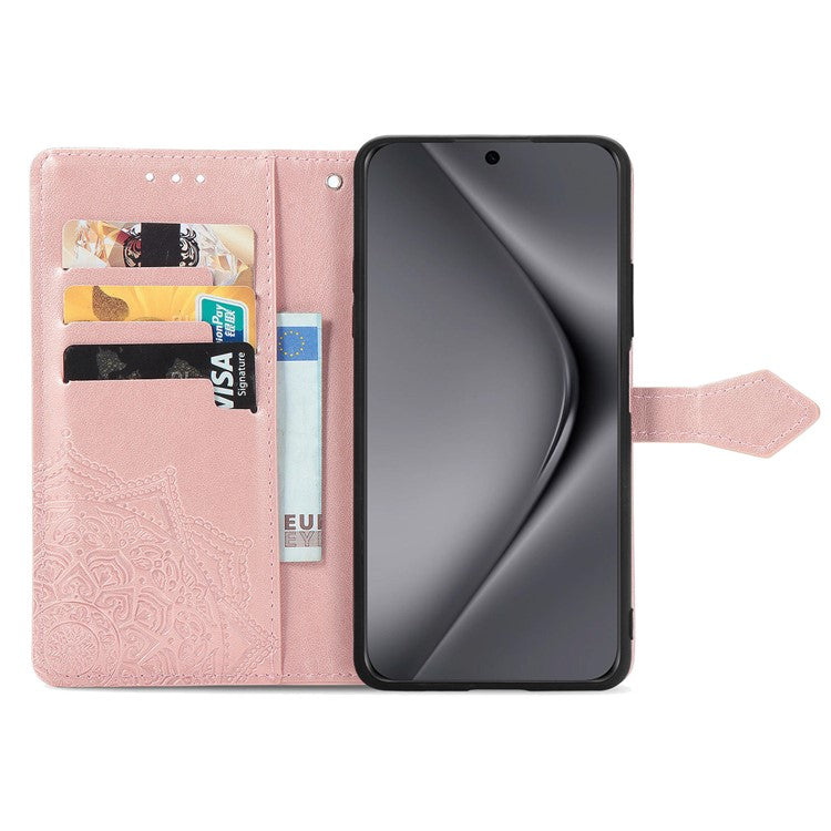 For Huawei Pura 70 Ultra Case PU Leather Mandala Flower Phone Cover with Strap - Rose Gold