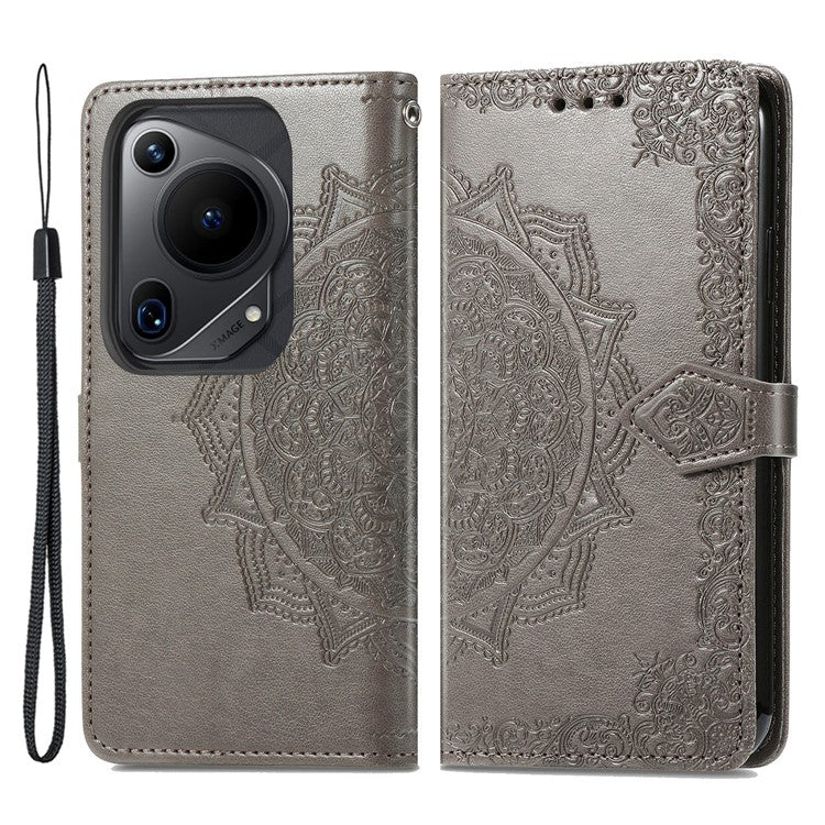 For Huawei Pura 70 Ultra Case PU Leather Mandala Flower Phone Cover with Strap - Grey