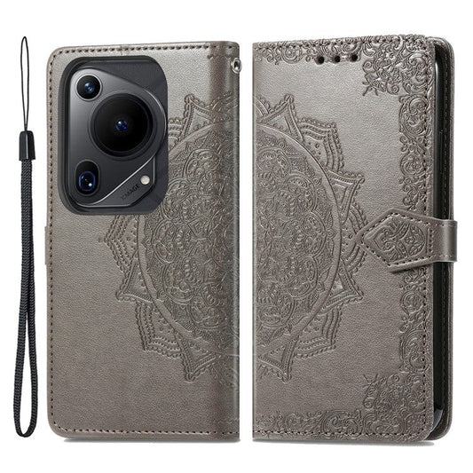 For Huawei Pura 70 Ultra Case PU Leather Mandala Flower Phone Cover with Strap - Grey