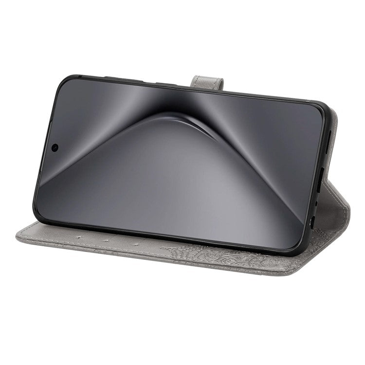 For Huawei Pura 70 Ultra Case PU Leather Mandala Flower Phone Cover with Strap - Grey