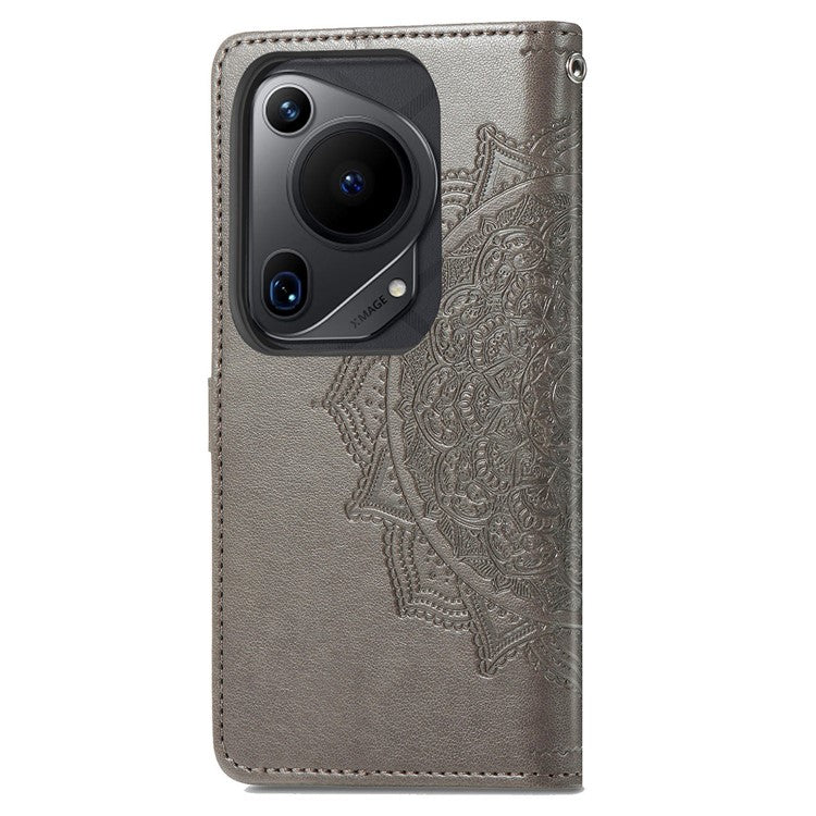 For Huawei Pura 70 Ultra Case PU Leather Mandala Flower Phone Cover with Strap - Grey