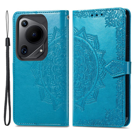 For Huawei Pura 70 Ultra Case PU Leather Mandala Flower Phone Cover with Strap - Blue