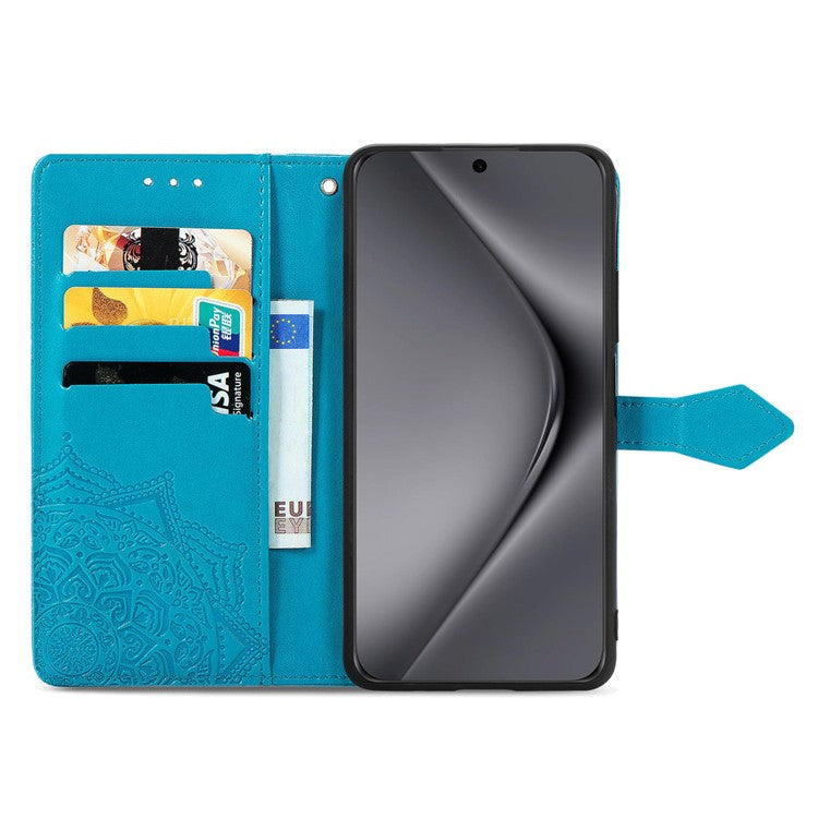 For Huawei Pura 70 Ultra Case PU Leather Mandala Flower Phone Cover with Strap - Blue