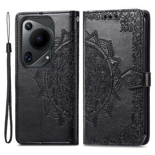 For Huawei Pura 70 Ultra Case PU Leather Mandala Flower Phone Cover with Strap - Black