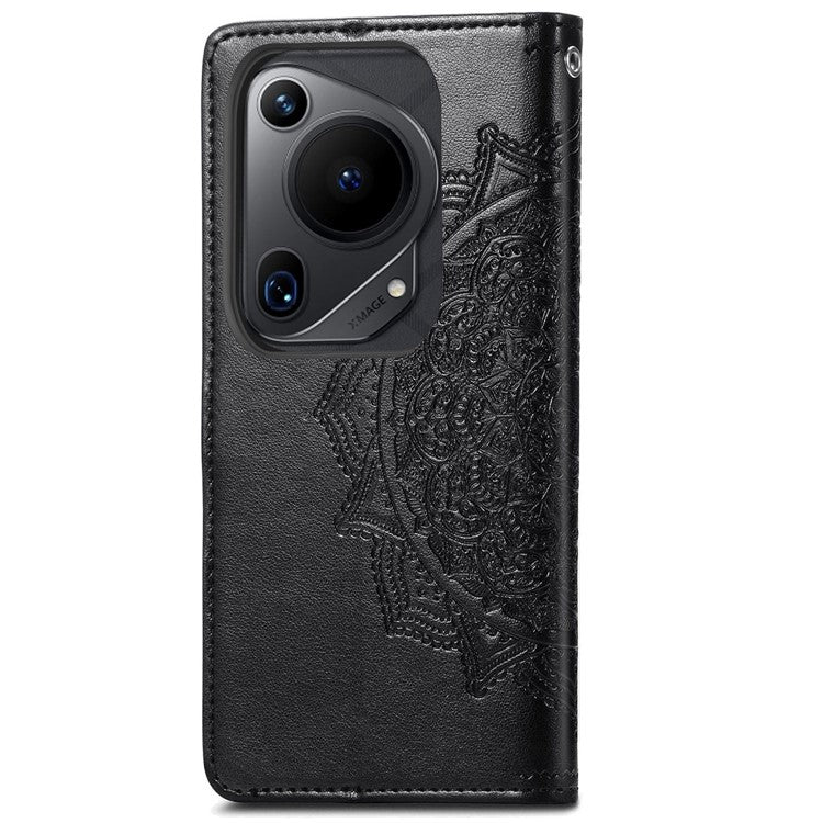 For Huawei Pura 70 Ultra Case PU Leather Mandala Flower Phone Cover with Strap - Black