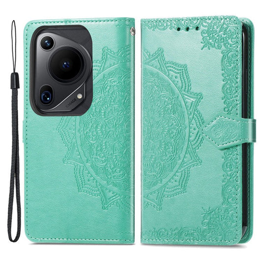 For Huawei Pura 70 Ultra Case PU Leather Mandala Flower Phone Cover with Strap - Green