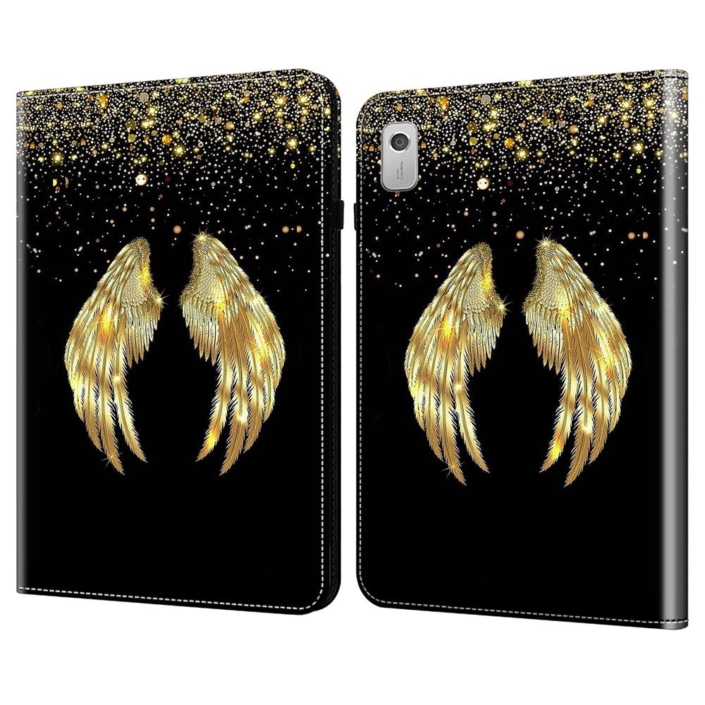 For Lenovo Tab M9 Shockproof Case Pattern Print Leather Tablet Cover with Stand - Gold Wings