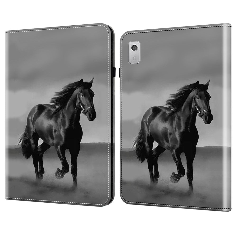 For Lenovo Tab M9 Shockproof Case Pattern Print Leather Tablet Cover with Stand - Black Horse