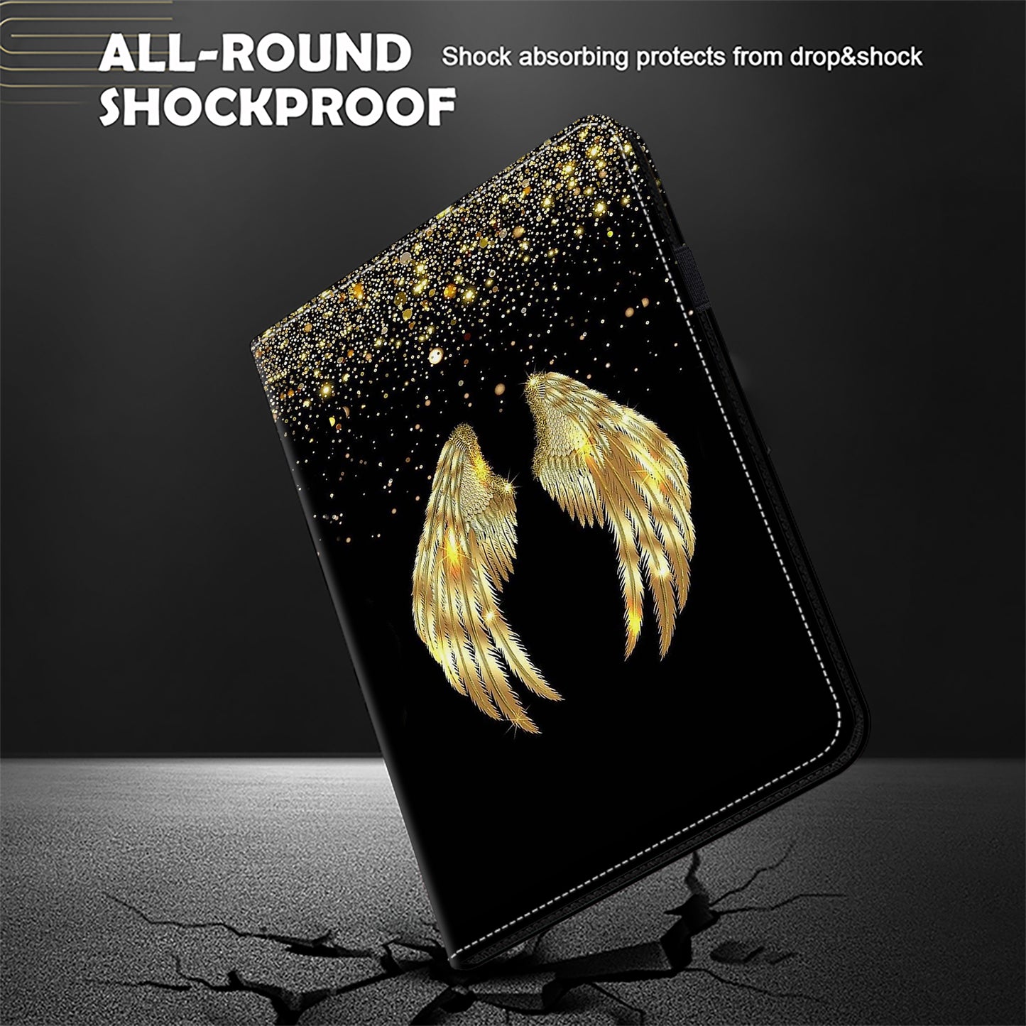 For Samsung Galaxy Tab S10 / S9 / Tab S9 FE Case Folio Stand PU Leather Pattern Tablet Cover - Gold Wings