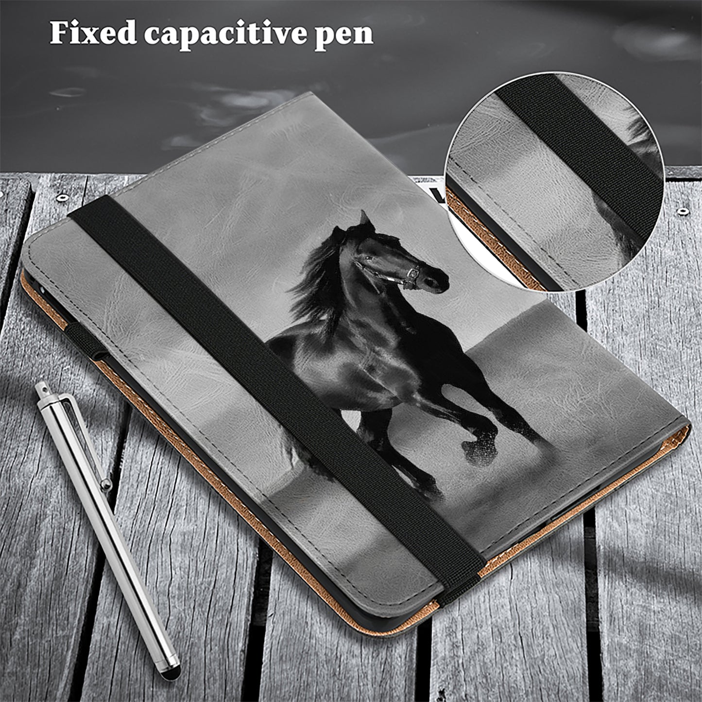 For Samsung Galaxy Tab S10 / S9 / Tab S9 FE Case Folio Stand PU Leather Pattern Tablet Cover - Black Horse