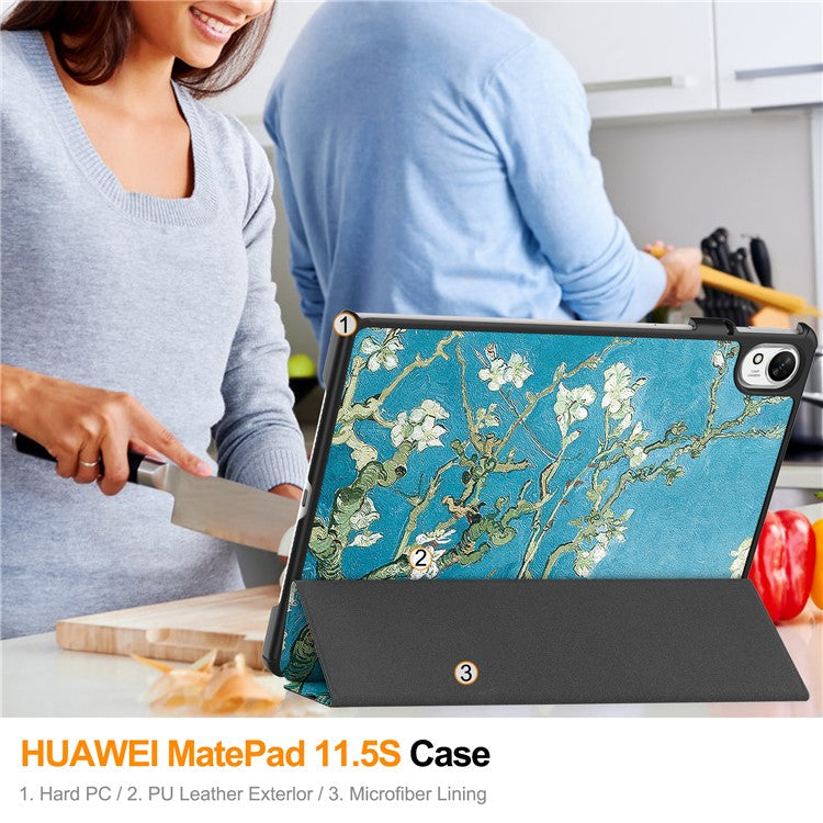 For Huawei MatePad 11.5 S Case Tri-Fold Stand Pattern Print Leather Tablet Cover with Auto Wake / Sleep - Apricot Blossom