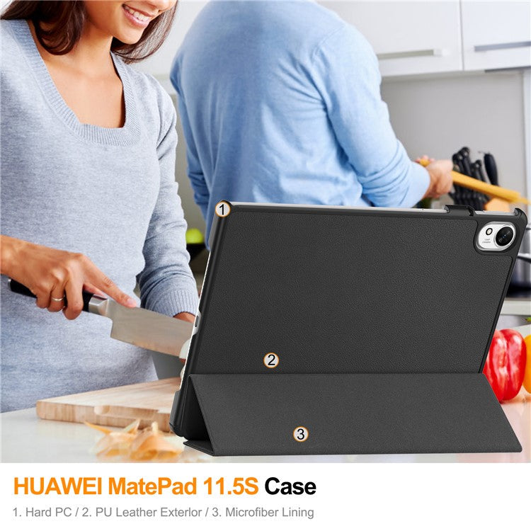 For Huawei MatePad 11.5 S Case Auto Wake / Sleep Tri-Fold Stand Leather Tablet Cover - Black