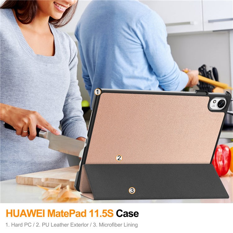 For Huawei MatePad 11.5 S Case Auto Wake / Sleep Tri-Fold Stand Leather Tablet Cover - Rose Gold