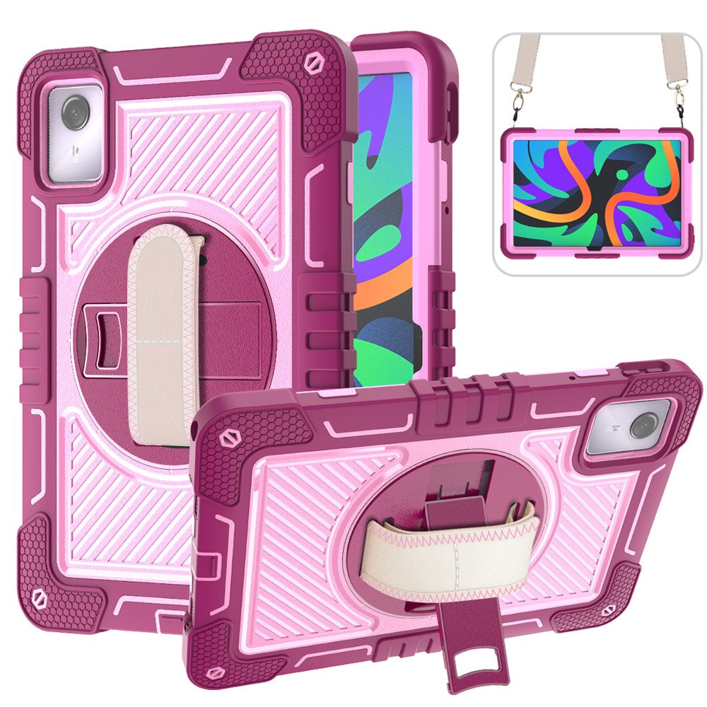 For Lenovo Tab M11 / Xiaoxin Pad 11 2024 Case Silicone+PC Kickstand Tablet Cover with Shoulder Strap - Rose+Pink