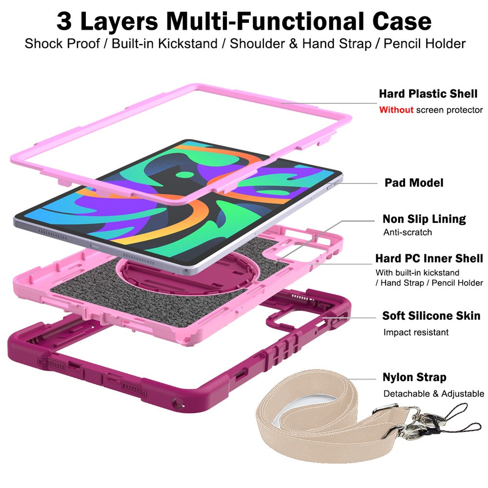 For Lenovo Tab M11 / Xiaoxin Pad 11 2024 Case Silicone+PC Kickstand Tablet Cover with Shoulder Strap - Rose+Pink