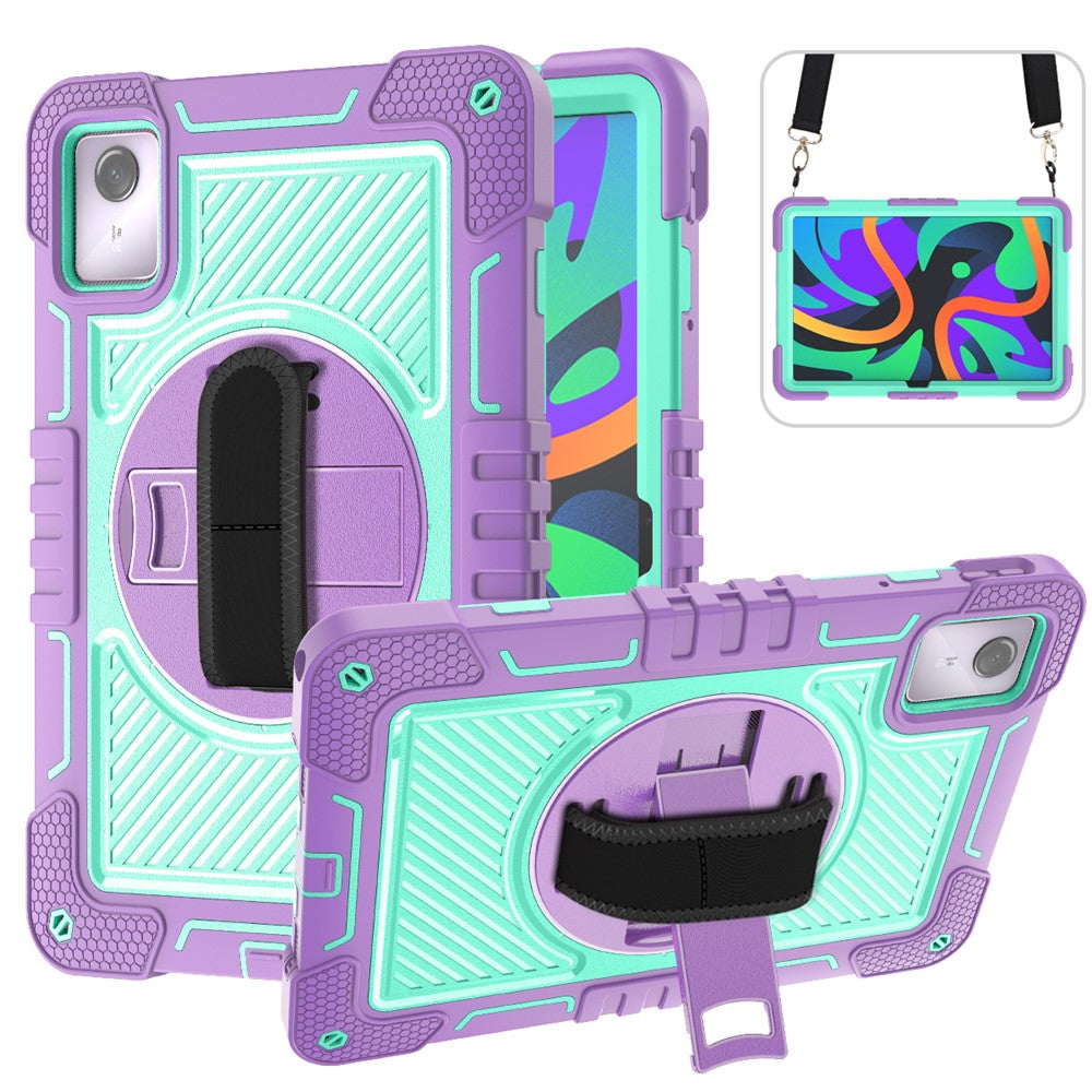 For Lenovo Tab M11 / Xiaoxin Pad 11 2024 Case Silicone+PC Kickstand Tablet Cover with Shoulder Strap - Purple+Cyan Green