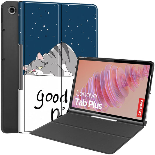 For Lenovo Tab Plus Stand Case Pattern Print Leather Tablet Cover - Cat
