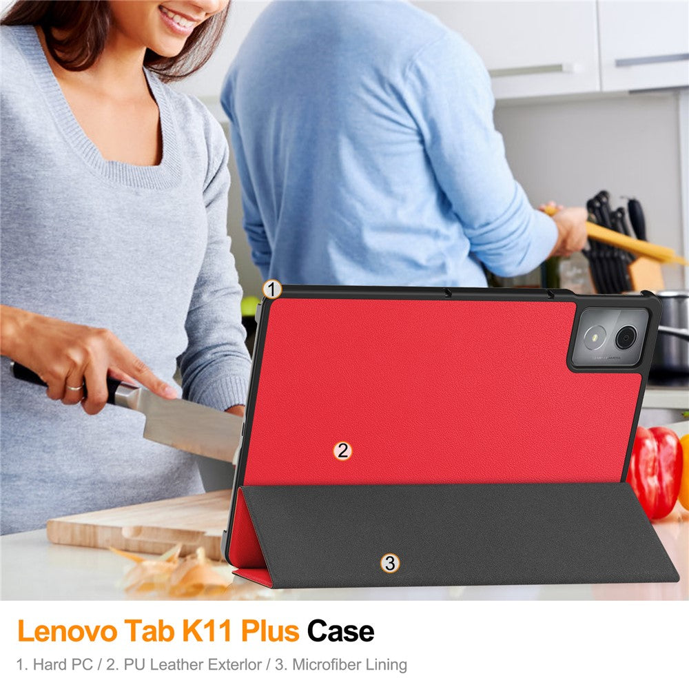 For Lenovo Tab K11 Plus Shockproof Case Leather Stand Tablet Cover - Red