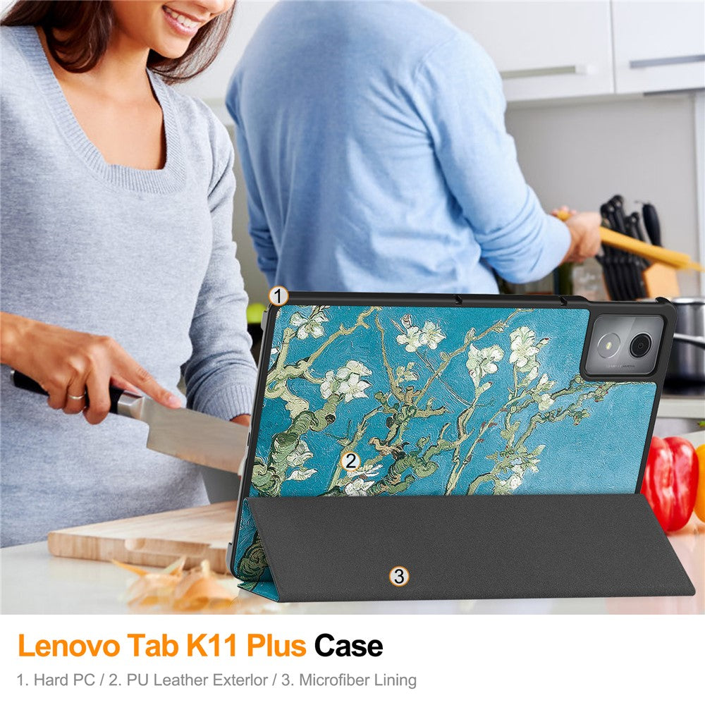 For Lenovo Tab K11 Plus Case Pattern Print Leather Tablet Cover with Stand - Apricot Blossom