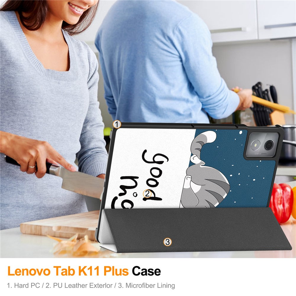 For Lenovo Tab K11 Plus Case Pattern Print Leather Tablet Cover with Stand - Cat