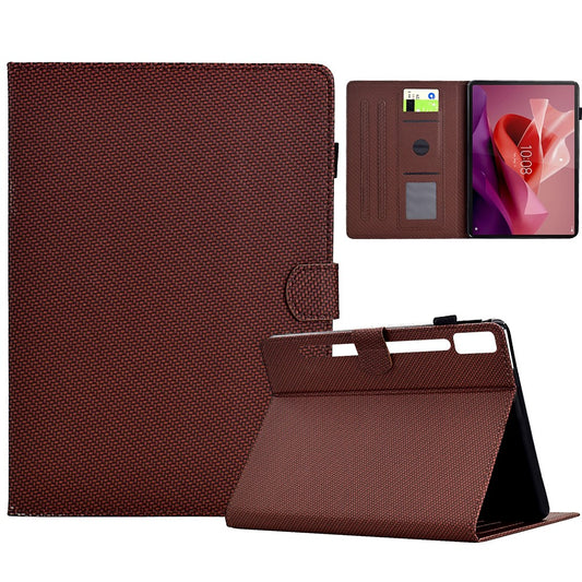 For Lenovo Tab P12 Leather Case Carbon Fiber Texture Tablet Cover Stand View - Brown