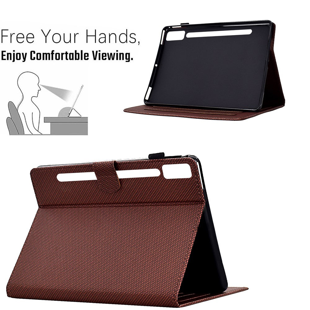 For Lenovo Tab P12 Leather Case Carbon Fiber Texture Tablet Cover Stand View - Brown
