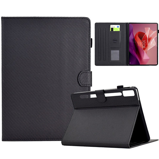 For Lenovo Tab P12 Leather Case Carbon Fiber Texture Tablet Cover Stand View - Black