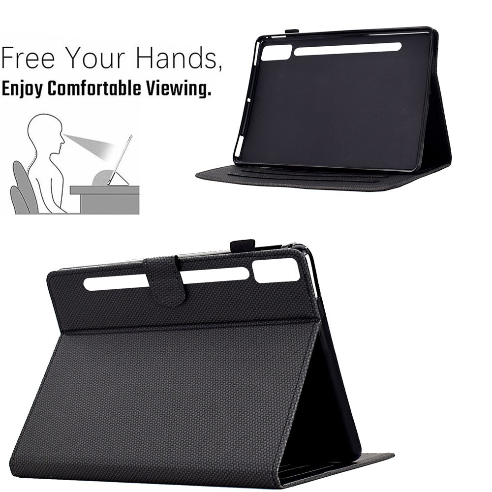 For Lenovo Tab P12 Leather Case Carbon Fiber Texture Tablet Cover Stand View - Black