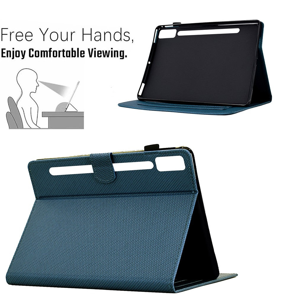 For Lenovo Tab P12 Leather Case Carbon Fiber Texture Tablet Cover Stand View - Sapphire