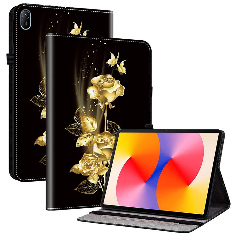 For Huawei MatePad SE 11 Case Pattern Print PU Leather Stand Tablet Cover with Card Slots - Gold Butterfly Rose