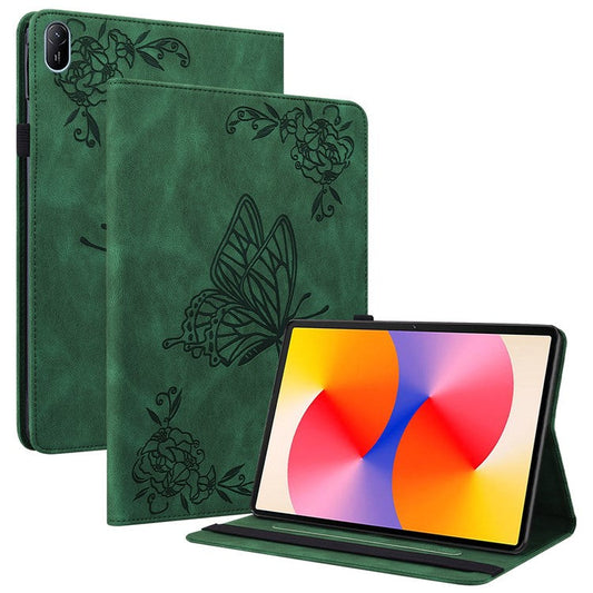 For Huawei MatePad SE 11 Case Imprinted Butterfly Flower PU Leather Flip Card Slots Tablet Cover - Green
