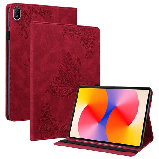 For Huawei MatePad SE 11 Case Imprinted Butterfly Flower PU Leather Flip Card Slots Tablet Cover - Red