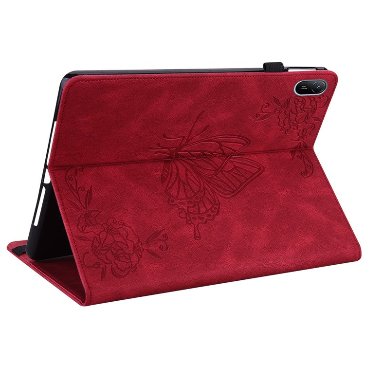 For Huawei MatePad SE 11 Case Imprinted Butterfly Flower PU Leather Flip Card Slots Tablet Cover - Red