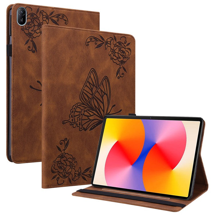 For Huawei MatePad SE 11 Case Imprinted Butterfly Flower PU Leather Flip Card Slots Tablet Cover - Brown