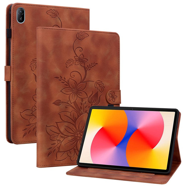 For Huawei MatePad SE 11 Case Lily Flower Imprint Leather Tablet Cover with Card Slots - Brown