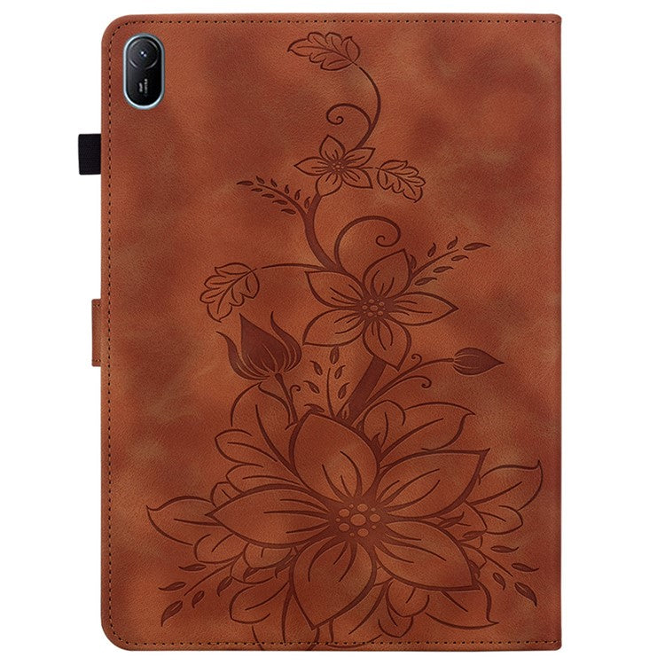 For Huawei MatePad SE 11 Case Lily Flower Imprint Leather Tablet Cover with Card Slots - Brown