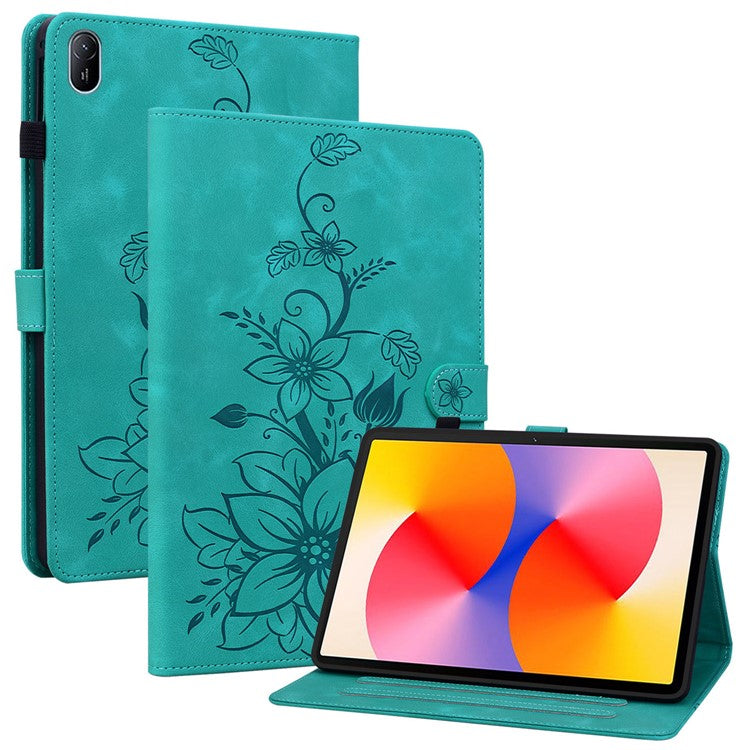 For Huawei MatePad SE 11 Case Lily Flower Imprint Leather Tablet Cover with Card Slots - Green