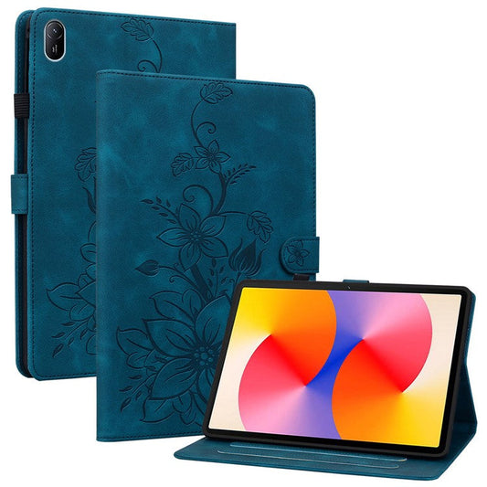 For Huawei MatePad SE 11 Case Lily Flower Imprint Leather Tablet Cover with Card Slots - Blue