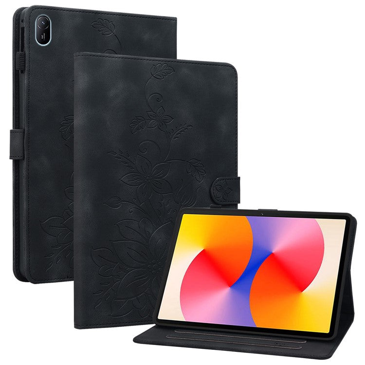 For Huawei MatePad SE 11 Case Lily Flower Imprint Leather Tablet Cover with Card Slots - Black