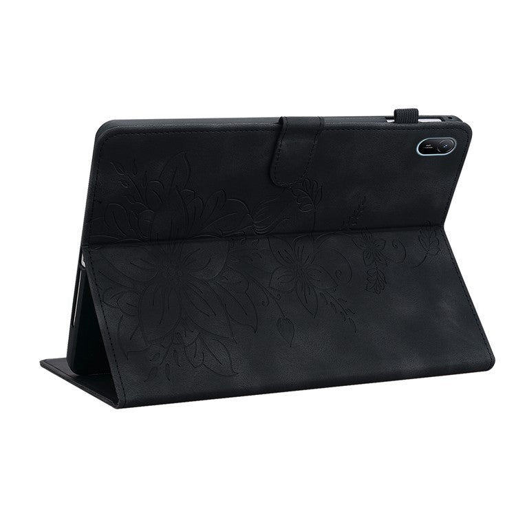 For Huawei MatePad SE 11 Case Lily Flower Imprint Leather Tablet Cover with Card Slots - Black