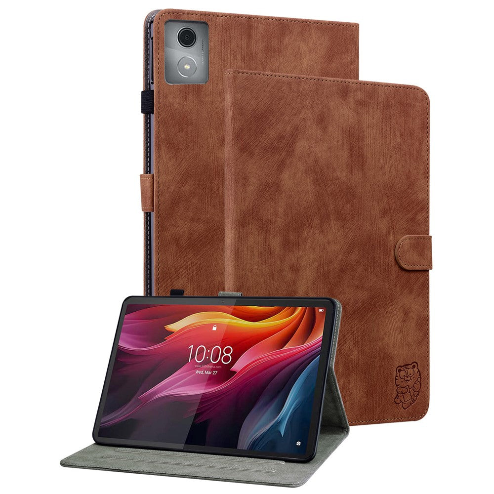 For Lenovo Tab K11 Plus Cases Anti-Slip Tiger Imprint PU Leather Tablet Cover - Brown