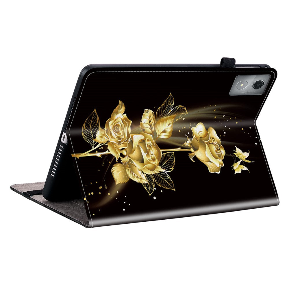 For Lenovo Tab K11 Plus Stand Case Pattern Print Card Slots PU Leather Tablet Cover - Gold Butterfly Rose