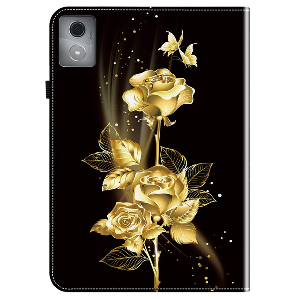 For Lenovo Tab K11 Plus Stand Case Pattern Print Card Slots PU Leather Tablet Cover - Gold Butterfly Rose