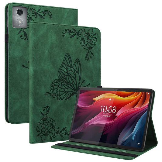 For Lenovo Tab K11 Plus Case Butterfly Flower Imprint PU Leather Tablet Cover with Card Slots - Green