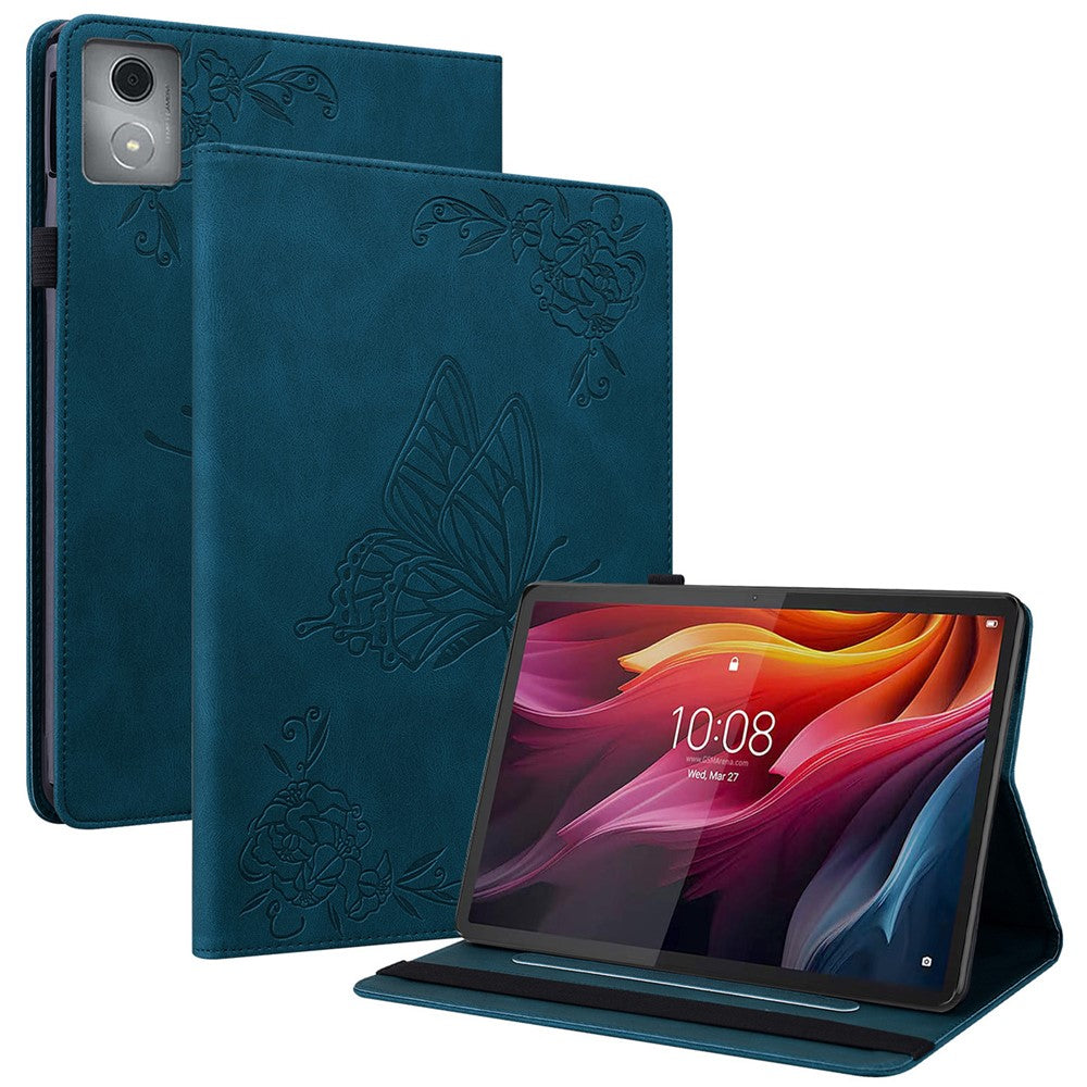 For Lenovo Tab K11 Plus Case Butterfly Flower Imprint PU Leather Tablet Cover with Card Slots - Blue