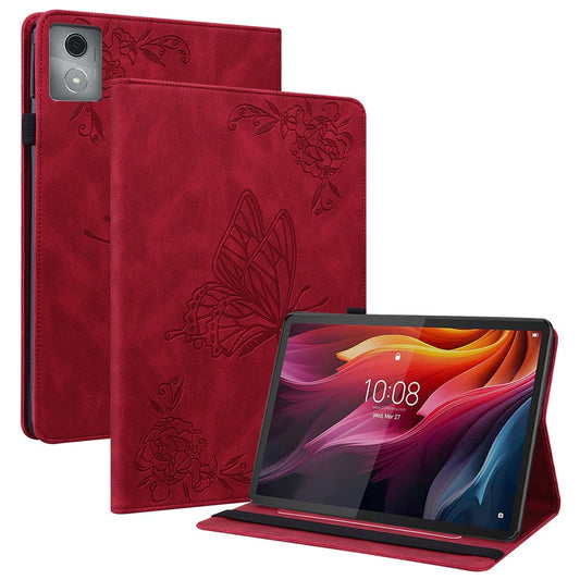 For Lenovo Tab K11 Plus Case Butterfly Flower Imprint PU Leather Tablet Cover with Card Slots - Red