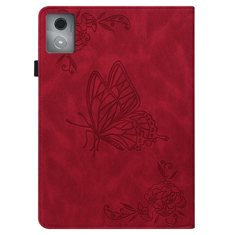 For Lenovo Tab K11 Plus Case Butterfly Flower Imprint PU Leather Tablet Cover with Card Slots - Red