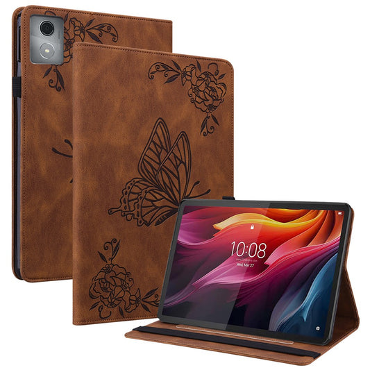 For Lenovo Tab K11 Plus Case Butterfly Flower Imprint PU Leather Tablet Cover with Card Slots - Brown