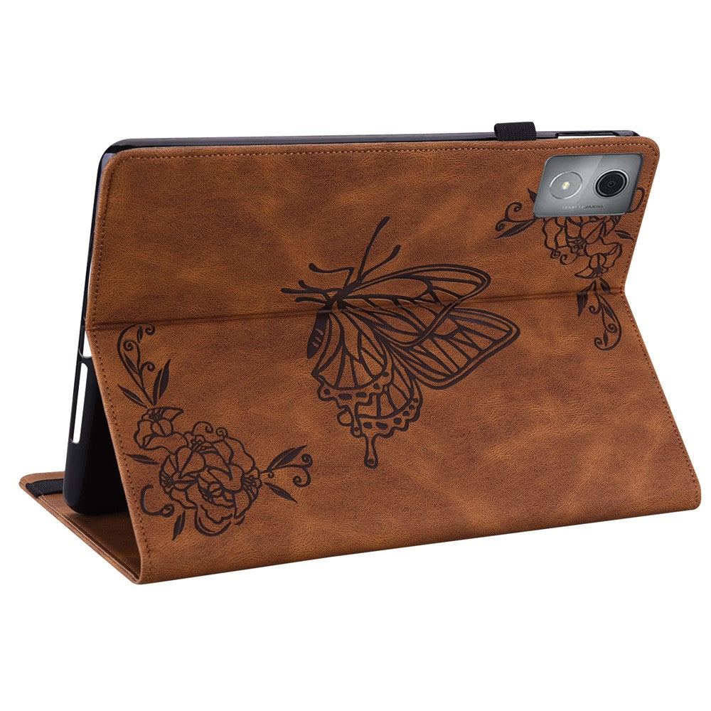 For Lenovo Tab K11 Plus Case Butterfly Flower Imprint PU Leather Tablet Cover with Card Slots - Brown